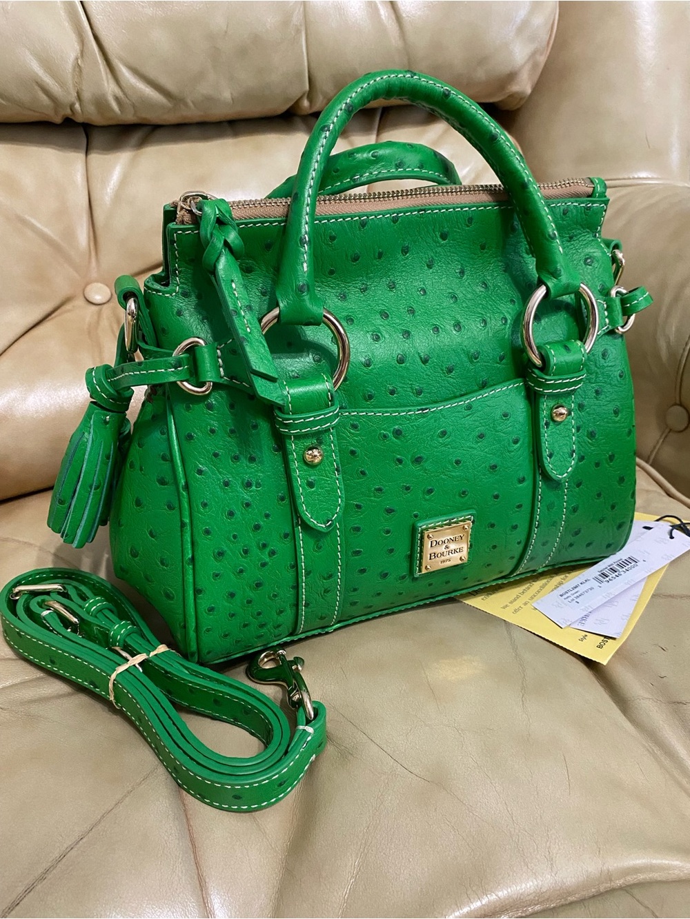 NEW Dooney & Bourke Kelly Green Pocket Satchel Ostrich Embossed Leather Tassel - Picture 2 of 15
